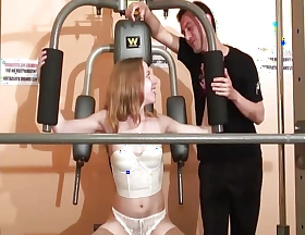 Beautiful French pet receives drilled by two dudes at the gym