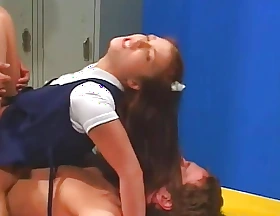Brown hair student babe gets spunk after sweet double nethermost reaches in locker room